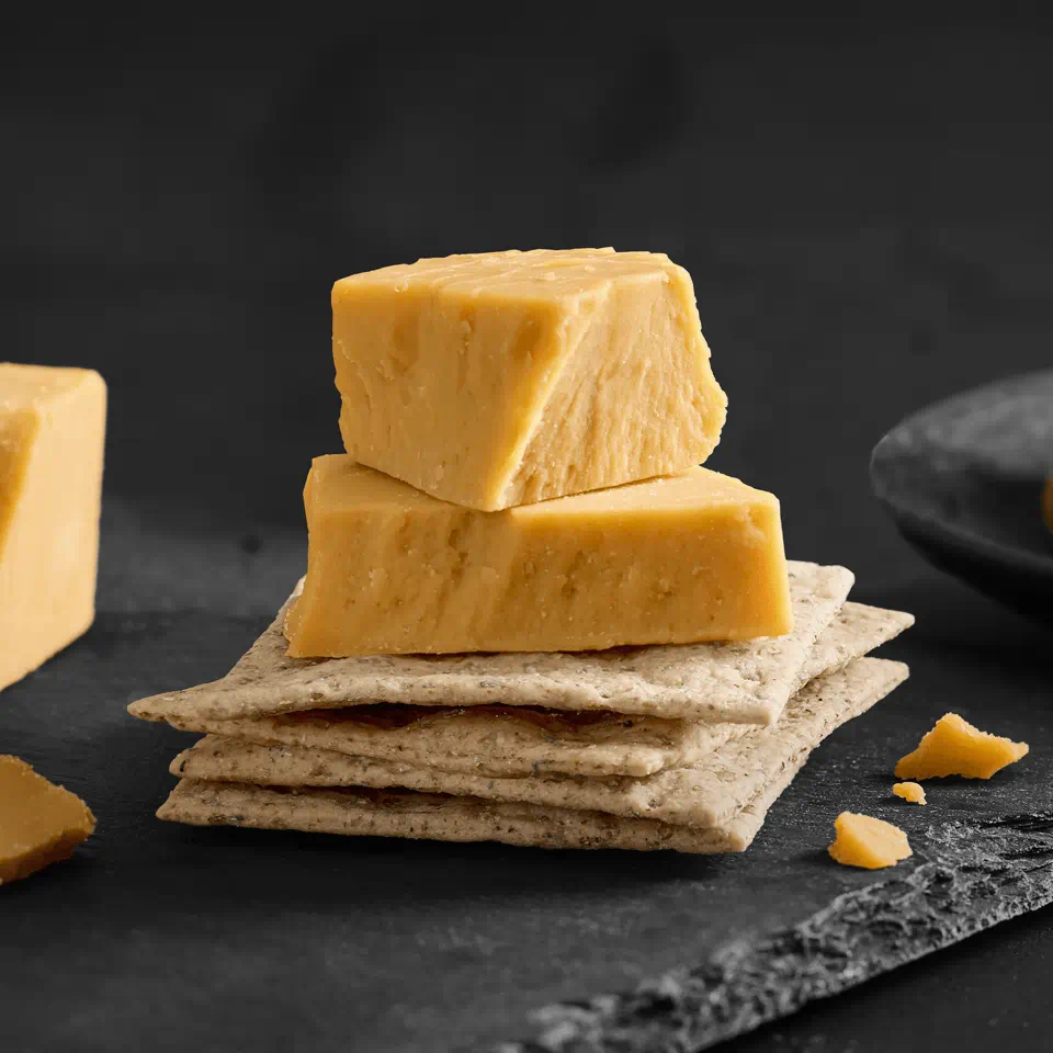 A stack of rectangular whole‑grain crackers topped with two thick pieces of dairy‑free cheese on a dark stone surface.